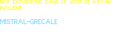 NOS EXCURSIONS DANS LE VENT DE KAYAK INCLUENT:         

MISTRAL-GRECALE (Pagaie, sandwich, boisson, café, entrée à la plage pour la journée)